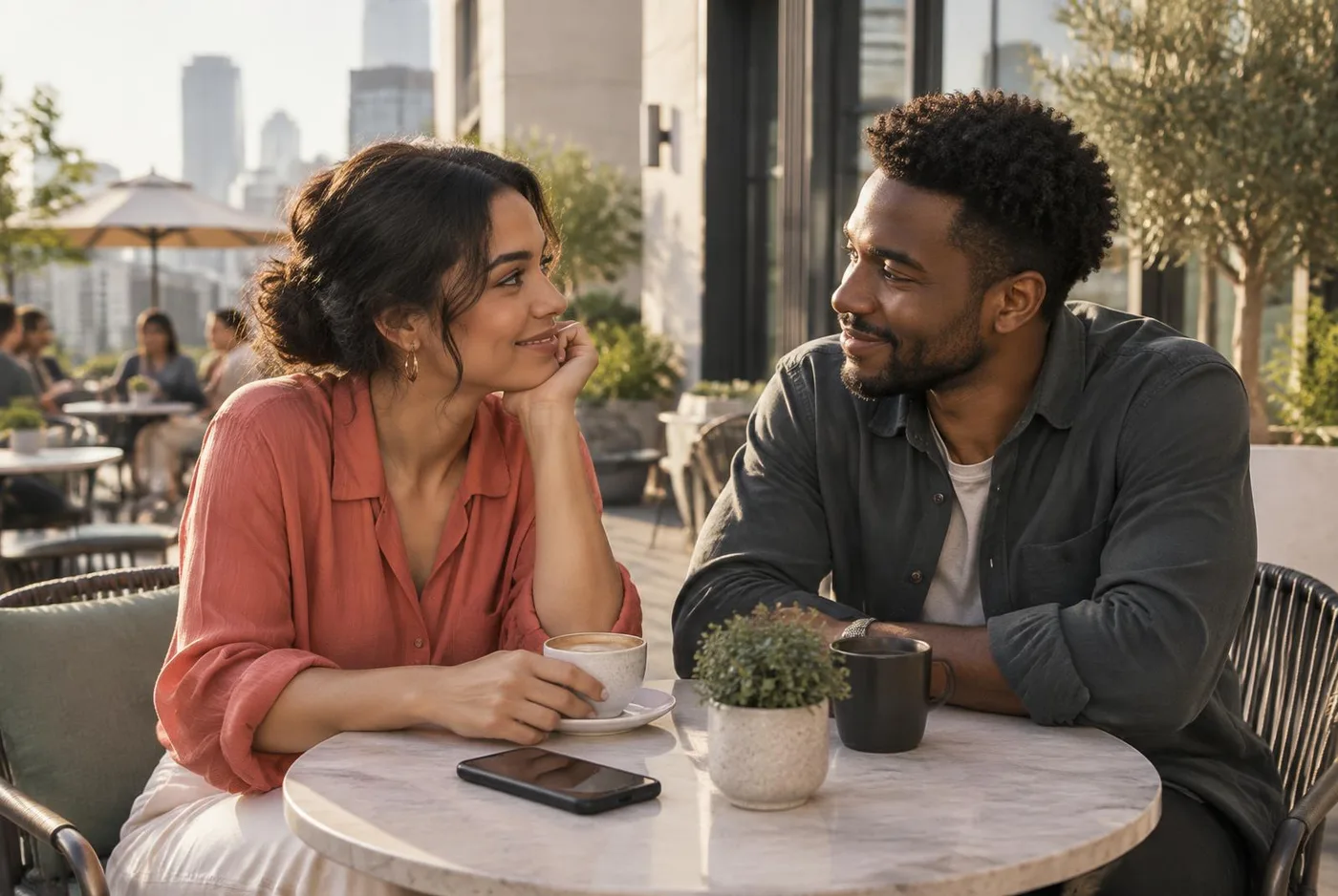 Two people enjoying an attentive face-to-face conversation at a city café